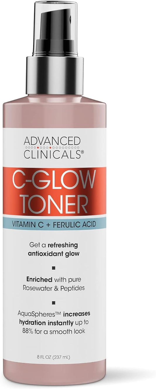 Advanced Clinicals Vitamin C Glow Facial Mist Toner for Face W/Rosewater, Ferulic Acid, & Peptides. Vitamin C Antioxidant Moisturizer Face Mist Provides Instant Skin Hydration, Non-Greasy, 8 Fl Oz